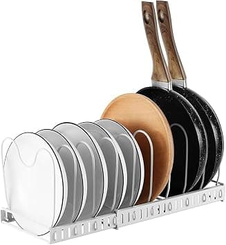 Expandable Pot and Pan Organizer for Cabinet with 10 Dividers, Adjustable Pots and Pans Organizer Rack Pan Lid Cookware Organizers and Storage (White) على Amazon.ae - متتبع الأسعار