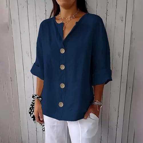 Linen Clothes for Seniors Button Down V Neck 3/4 Sleeve Shirts Casual Loose Fit Cotton Soft Summer Tunic Tops on Amazon.ae - Price Tracker