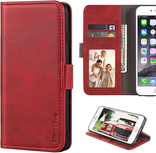Faux Leather Case for Galaxy M17 5G - Red | 6.74" Magnetic Shockproof Flip Wallet Cover with Card Holders, Photo Frame and Kickstand على Amazon.ae - متتبع الأسعار