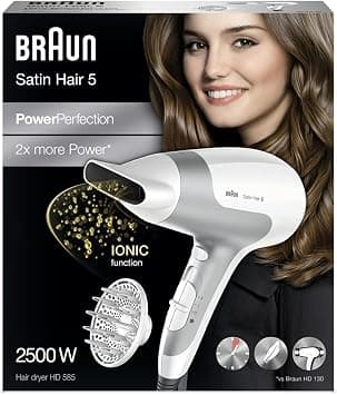 Braun Satin Hair 5 Hair Dryer, 2500 Watts, Ionic Dryer with Diffuser, Cool Shot, Infrared Heat, 3 Heat Settings, Lightweight, Travel-Friendly - BRHD585SDE - متتبع أسعار Amazon.sa