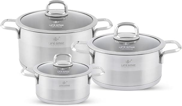 LIFE SMILE Cookware Set- Pure 18/10 Stainless Steel Cooking Set - Induction Base Pots and Pans Set - Non-Toxic, 100% PFOA, PTFE & PFOS Free - Oven Safe Kitchen Sets (Silver, (16/20/24CM) 6 Pieces) on Amazon.ae - Price Tracker