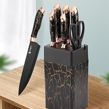 Black Gold Stainless Steel 7 Piece Chef Knife Set with Block - Professional Kitchen Knives for Meat, Vegetables, Fruits | Razor Sharp, Anti-Rust, Ergonomic Handle & Self-Sharpening System on Amazon.ae - Price Tracker