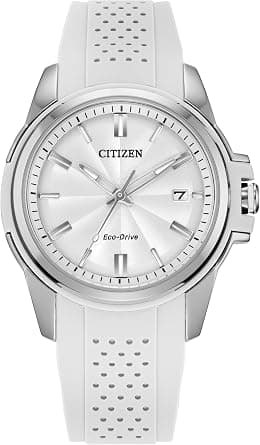 Citizen Ladies' Eco-Drive Classic Silver Stainless Steel 3 Hand Watch with White Rubber Strap,White Dial (Model:FE6131-04A), Silver, Classic - Best Deal Finder