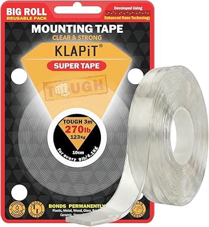 KLAPiT Super Tape 3 Meter Clear Double Sided Heavy Duty Adhesive, Holds 123 KG /270 lbs Enhanced Nano Technology Waterproof Mounting for Indoor/Outdoor, Rough Surface, Tiles, Wood, Glass, Wall, Stone on Amazon.ae - Price Tracker