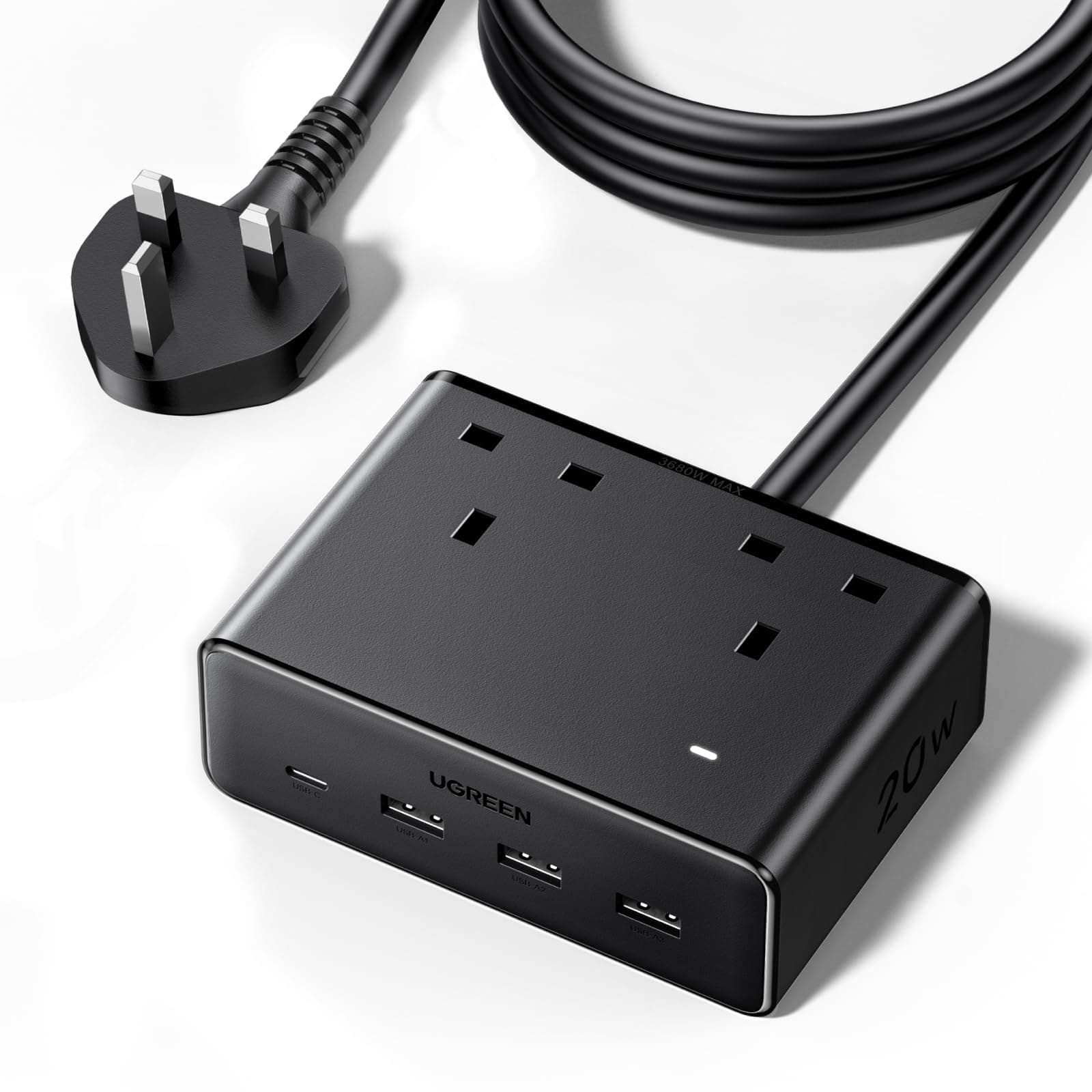 UGREEN Extension Cord with 4 USB Slots, 2 Way 2990W Max Multiple Plug with 1.5m Extension Plug, Compatible with iPhone 16/15, iPad Pro/Mini, Laptop, Docking Sation, ect Suitable for Home/Office on Amazon.ae - Price Tracker