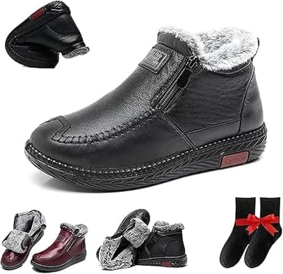 Women's Waterproof Non-Slip Cotton Leather Boots, New Fleece Thickened Warm Snow Boots, Wide Fit Waterproof Leather Non Slip Boot,Mama Cotton Leather Shoes with Zipper على Amazon.ae - متتبع الأسعار