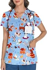 LOMON Women's V Neck Printed Scrub Top with 3 Pockets - Best Deal Finder