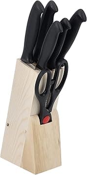 Royalford 7Pcs Kitchen Knives Set With Wooden Block, RF10229 Multipurpose Scissor, Knife Sharpener All In 1 For Chopping, Slicing, Mincing And Dicing, Black on Amazon.ae - Price Tracker