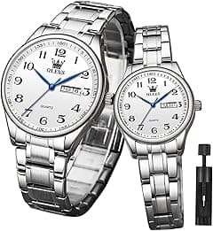 OLEVS Valentines Couple Pair Quartz Watches Luminous Calendar Date Window 3ATM Waterproof, Casual Stainless Steel His and Hers Wristwatch for Men Women Lovers Wedding Romantic Gifts Set of 2 - Amazon.ae Price Tracker