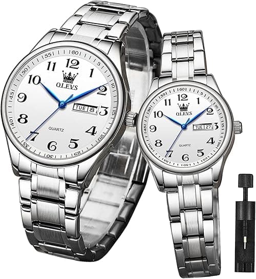 OLEVS Valentines Couple Pair Quartz Watches Luminous Calendar Date Window 3ATM Waterproof, Casual Stainless Steel His and Hers Wristwatch for Men Women Lovers Wedding Romantic Gifts Set of 2 on Amazon.ae - Price Tracker