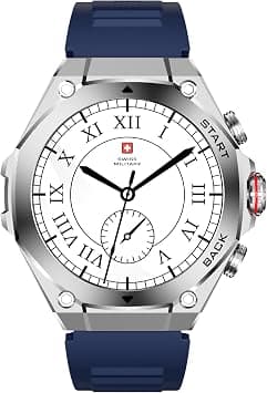 Swiss Military DOM6 Smartwatch 1.43" AMOLED, Bluetooth Calling, Multi Language, Health & Sports Tracking, Wireless Charging, 7 Days Battery, IP67, iOS/Android Compatible,Silver Frame with Blue Strap on Amazon.ae - Price Tracker