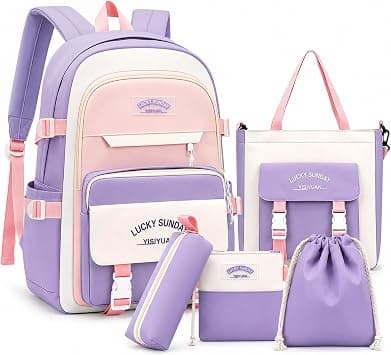 School Bag Set for Girls, 5 Pcs Cute School Backpack with Tote Bag, Pencil Case, Pouch and Drawstring Bag Kids/Teen(Purple) على Amazon.ae - متتبع الأسعار