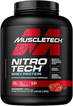 Muscletech Nitro-Tech Whey Protein Ultimate Muscle Building Formula with a Unique Blend of Whey Protein Isolate & Peptides - 30gms Protein, 3 gms Creatine & 6.6 BCAAs, Strawberry Flavor, 4.00 lbs - Amazon.ae Price Tracker