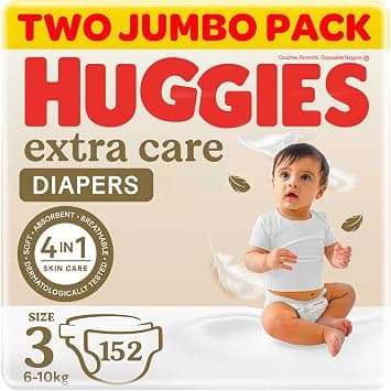 Huggies Extra Care Baby Diapers, Size 3 (6-10 kg), Twin Jumbo Pack, 152 Diapers on Amazon.ae - Price Tracker