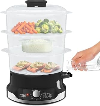 Tefal Ultracompact Steam Cooker, 3-Tier Food Steamer, Stackable Storage System, BPA-Free Bowls, 60-Min Timer, Refill While Steaming, Rice Accessory, Removable Cooking Bowls, Black, VC204865 on Amazon.ae - Price Tracker