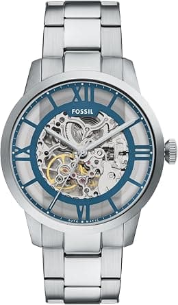 Fossil Men's Townsman Automatic Stainless Steel and Leather Three-Hand Skeleton Watch, Color: Silver/Pacific Blue Indices (Model: ME3260) - Best Deal Finder