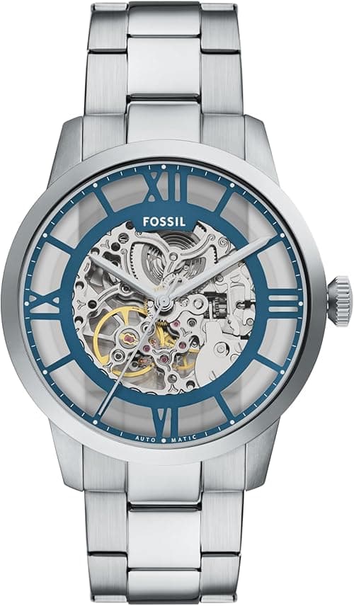 Fossil Men's Townsman Automatic Stainless Steel and Leather Three-Hand Skeleton Watch, Color: Silver/Pacific Blue Indices (Model: ME3260) on Amazon.ae - Price Tracker
