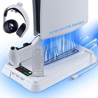 PS5 Slim Stand and Cooling Station with Dual Controller Charging Station for Playstation 5 Slim Console, Controller Charger, 3 Speeds Cooling Fan, Headset Holder, RGB Lights & 3 USB Ports (Style 2) على Amazon.ae - متتبع الأسعار