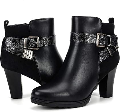 mysoft Women's Zipper Bootie Chunky Stacked Heel Ankle Boots Buckle Strap Ankle - Best Deal Finder
