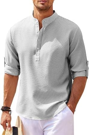 Men's Cotton Linen Shirt Casual Long Sleeve Henley Hippie T Shirts Summer Fashion Beach Tops Slim Fit Basic Button Up Shirts Lightweight Solid Color Banded Collar Shirt Typical Holiday Sports Tops, XL - Amazon.ae Price Tracker