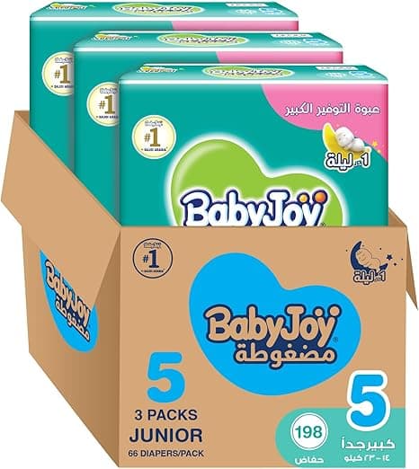 BabyJoy Compressed Diamond pad Diaper, Giant Pack Junior Size 5, Count 198, 14 - 25 KG on Amazon.ae - Price Tracker