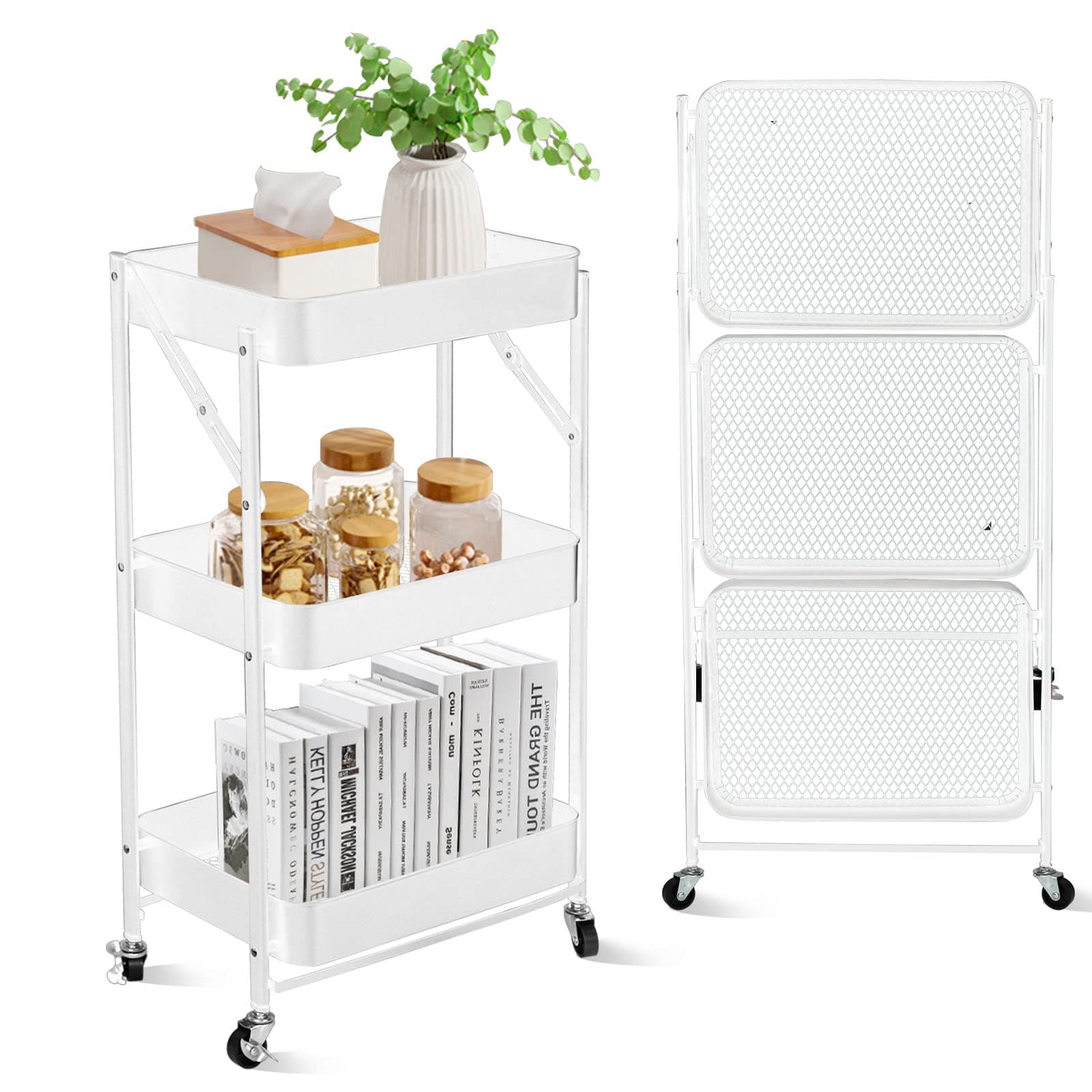 SKY-TOUCH 3 Tier trolley organizer,Foldable Metal Rolling Utility Cart Organizer, Multipurpose Organizer Trolley with Casters for Kitchen, Bedroom, Bathroom, Office, Laundry Room and Garage White on Amazon.ae - Price Tracker