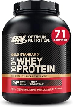 Optimum Nutrition, Gold Standard, 100% Whey, Coffee, 5 lbs (2.27 kg) | 24g 100% Whey Protein Per Serving, with BCAAs, Gluten Free, Banned Substance Tested, Easy Mixing, Muscle Support & Recovery - متتبع أسعار Amazon.sa