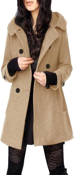 Tanming Women's Warm Double Breasted Wool Pea Coat Trench Coat Jacket with Hood - Best Deal Finder