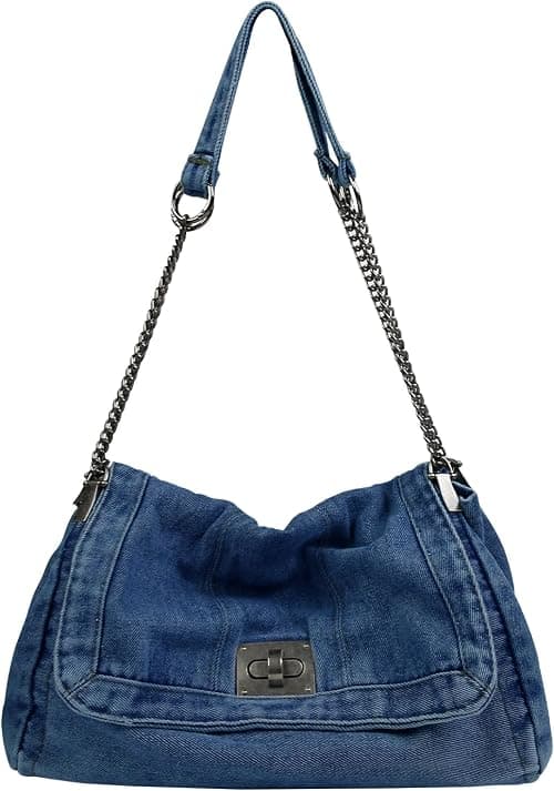 Denim Tote Bag for Women, Women's Fashion Jean Shoulder Bag with Adjustable Chain Strap, Y2k Trendy Retro Zipper Hobo Handbag for Travel, Everyday على Amazon.ae - متتبع الأسعار