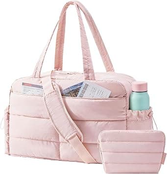BAGSMART Gym Bag for Women, Lightweight Puffer Duffle Bag 2-PC Travel Bag, 31L Weekender Overnight Bag Quilted Carry On Tote Bag, Diaper Hospital Dance bag for Travel, Gym, Water Resistant, Baby Pink على Amazon.ae - متتبع الأسعار