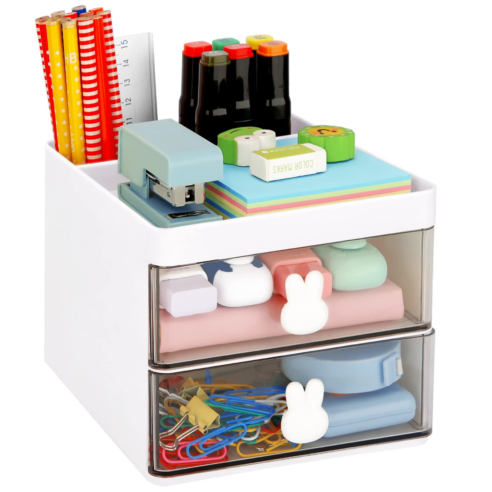 LETURE Small Desk Organizer With Drawer, Office Desktop Storage Box, Business Card/Pen/Pencil/Mobile Phone/Stationery Holder Storage Box, Makeup Organizer for Office School Home (White) on Amazon.ae - Price Tracker