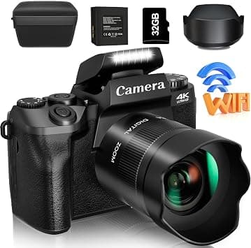 سانين - كاميرا رقمية بدقة 4K للتصوير الفوتوغرافي والفيديو، كاميرا تسجيل فيديو بدقة 64 ميجابكسل بشاشة لمس تعمل باللمس لتسجيل المدونات على اليوتيوب مع فلاش، بطاقة SD بسعة 32 جيجابايت، غطاء عدسة، بطارية - دليلك لأفضل العروض