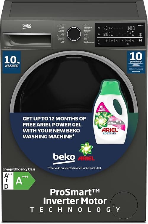 Beko 10kg Front Load Washing Machine, 1400 RPM, 15 Programme, Manhattan Grey Colour,SteamTherapy, AquaTech,Daily Xpress(full load)28 min,low noise,10 yrs warranty on Prosmart inverter motor, WTE1014XM on Amazon.ae - Price Tracker