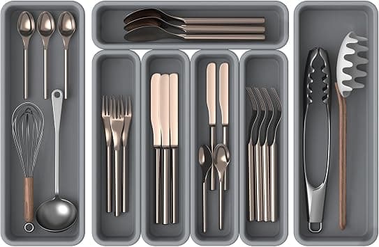 Pack of 7 Silicone Cutlery Drawer Organisers, DIY Organiser for Kitchen Drawers and Utensils, Moisture Resistant and Heat Resistant up to 200°C, Non-Slip and Environmentally Friendly (Grey) on Amazon.ae - Price Tracker