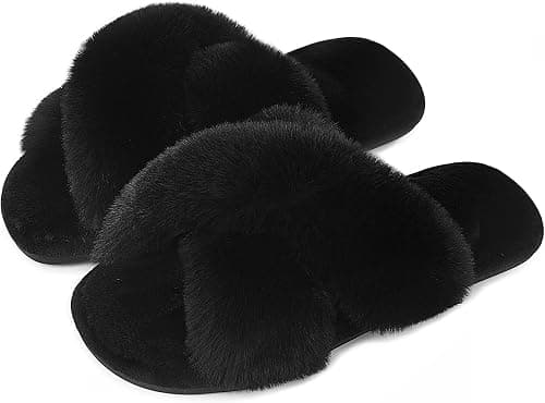 Womens Cross Band Slippers Cozy Furry Fuzzy House Slippers Open Toe Fluffy Indoor Shoes Outdoor Slip on Warm Breathable Anti-skid Sole على Amazon.ae - متتبع الأسعار