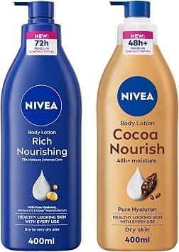 NIVEA Body Lotion for Dry Skin, Cocoa Butter, 5in1 Complete Care, 48H Deep Moisture, 400ml + NIVEA Body Lotion for Dry Skin, Rich Nourishing, 5in1 Complete Care, 72H Intense Moisture, 400ml - Best Deal Finder