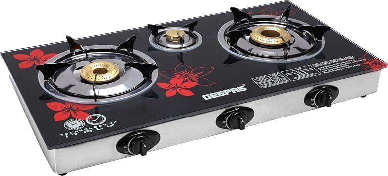 Geepas Gas Cooker, 8mm Tempered Glass Top, GK6759 | Triple Burner Gas Stove | Stainless Steel Frame & Tray | Japanese Piezo | Iron Mixing Tube on Amazon.ae - Price Tracker
