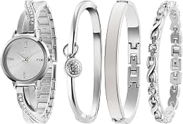 TIME100 Women's Bangle Watch and Silver Watch Chain Bracelets Premium Crystal Accented Bracelet Set W50888L - Best Deal Finder