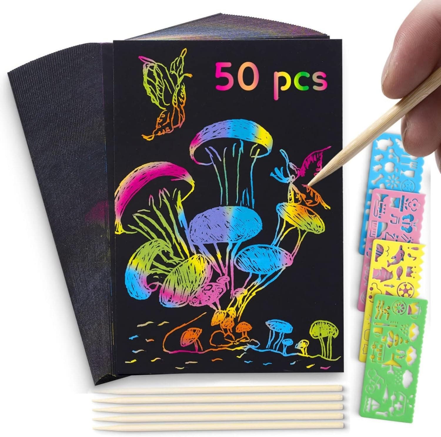 Mumoo Bear Scratch Art Paper For Kids, 50 Pcs Rainbow Scratch Notes Paper Arts Set Black Doodle Pads with 4 Stencils 5 Wooden Stylus for Party Game Easter Presents Birthday Gift Party Bag Filling on Amazon.ae - Price Tracker