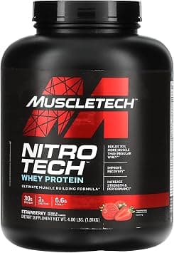 Muscletech Nitro-Tech Whey Protein Ultimate Muscle Building Formula with a Unique Blend of Whey Protein Isolate & Peptides - 30gms Protein, 3 gms Creatine & 6.6 BCAAs, Strawberry Flavor, 4.00 lbs on Amazon.sa - Price Tracker