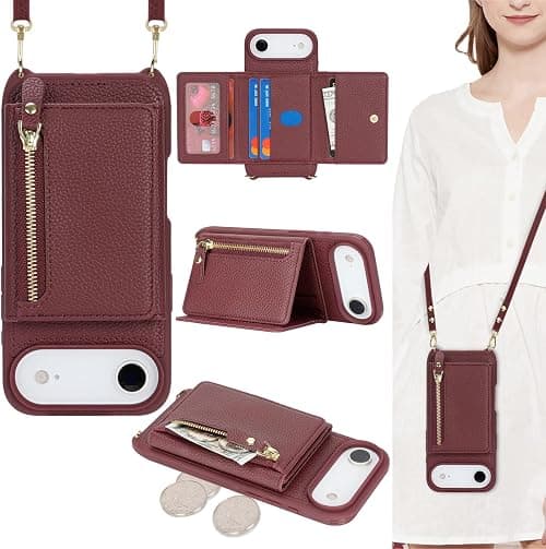 ELTEKER Mobile Phone Case for iPhone Air Case with Strap, Card Slot Zipper Wallet, Mobile Phone Shoulder Bag - Wine Red على Amazon.ae - متتبع الأسعار