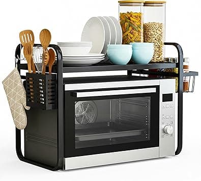 ECASA™ Expandable Microwave Stand – 2-Tier Height Adjustable Kitchen Rack with Hooks for Utensils, Plates, and Appliances – Countertop & Floor Organizer, Black & White (Black) on Amazon.ae - Price Tracker