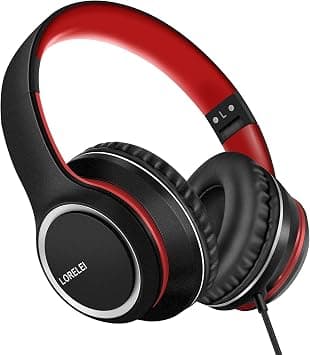 LORELEI X8 Over-Ear Wired Headphones with Microphone with 1.45m-Tangle-Free Nylon Line&3.5mm Plug,Lightweight Foldable & Portable Headphones for Smartphone,Tablet,Computer,Mp3/4(Black-red) على Amazon.ae - متتبع الأسعار