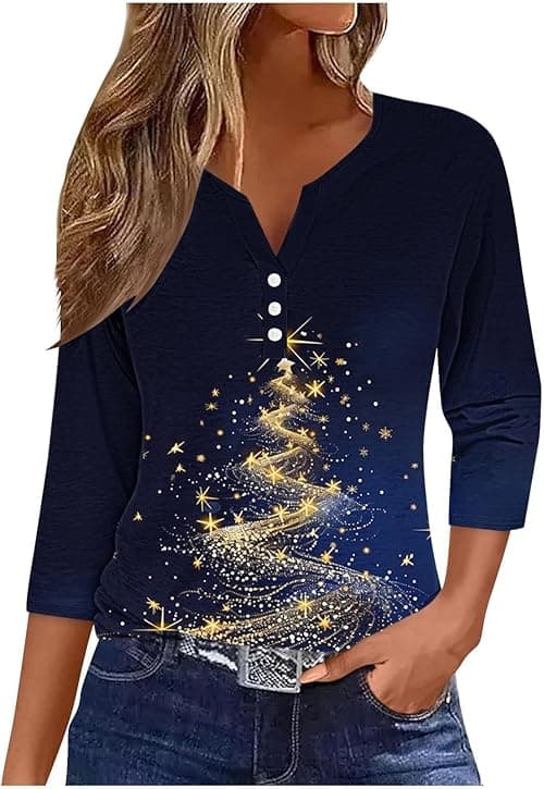 Christmas T Shirts for Women UK Novelty Xmas Jumpers 3/4 Sleeve Tops V Neck T Shirts Henley Shirt Xmas Tree Snowflake Print Blouse Sweatshirt Dressy Tunic Top Holiday Blouse Tops on Amazon.ae - Price Tracker