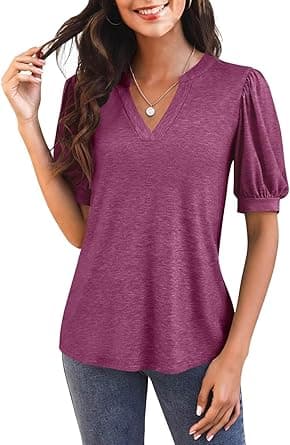 Imily Bela Womens V Neck T Shirts Casual Puff Sleeve Loose Dressy Blouses Summer Tops on Amazon.ae - Price Tracker