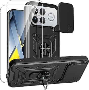 MEMELOKA For Xiaomi Poco F8 Ultra 5G Case with Tempered Glass, Anti-Scratch Protective Cover + 360 Rotating Metal Stand, Shockproof Cover with Sliding Lens Cover, Black على Amazon.ae - متتبع الأسعار