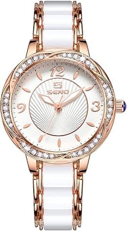 Wisfunlly Women Luxury Watches, White Ceramic Analogue Quartz Diamond Wrist Watch, Adjustable Crystal Lady Watches Elegant Bracelet Watch for Business Sport Party Dressing Banquet - Best Deal Finder