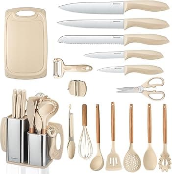 RAXCO 18 Pieces Kitchen Set -7 Silicone Cooking Utensils set, 6 Knife set with sharpener,5 Cookwares(Khaki) on Amazon.ae - Price Tracker