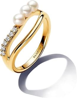 PANDORA Essence Ring, 14-karätig vergoldet, mit weißer, behandelter Süßwasserzuchtperle und klarem Cubic Zirkonia - Best Deal Finder