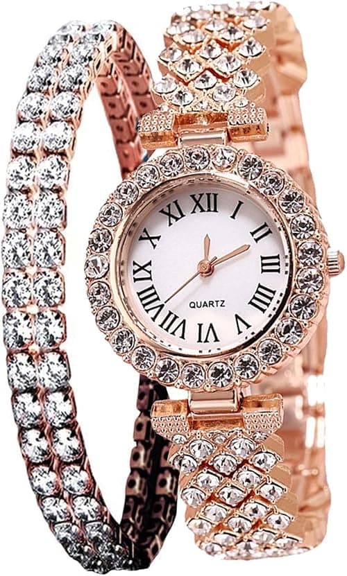 Excefore Women Luxury Watches, 2 Pcs Lady Watches with Bracelet Set, Analogue Quartz Diamond Watches with Stainless Steel Strap, Lady Rhinestone Wrist Watch+Jewelry Cuff Bracelet Set on Amazon.ae - Price Tracker